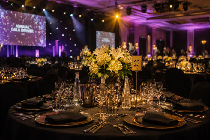 Elegant gala dinner setup with beautifully decorated tables, floral centerpieces, and warm lighting in a formal event venue.
