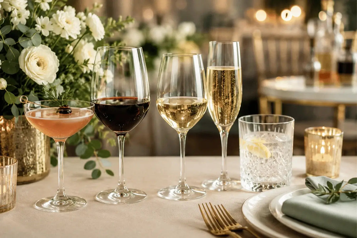 Elegant event table featuring wine glasses, champagne flutes, cocktail glasses, candlelight, and floral arrangements as part of a sophisticated beverage and table setting.