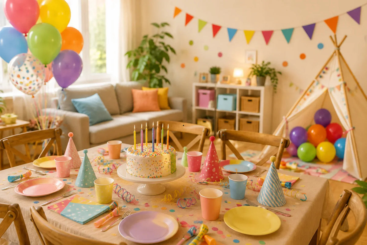 Colorfully decorated home set up for a child's birthday party with balloons, birthday cake, and party table.
