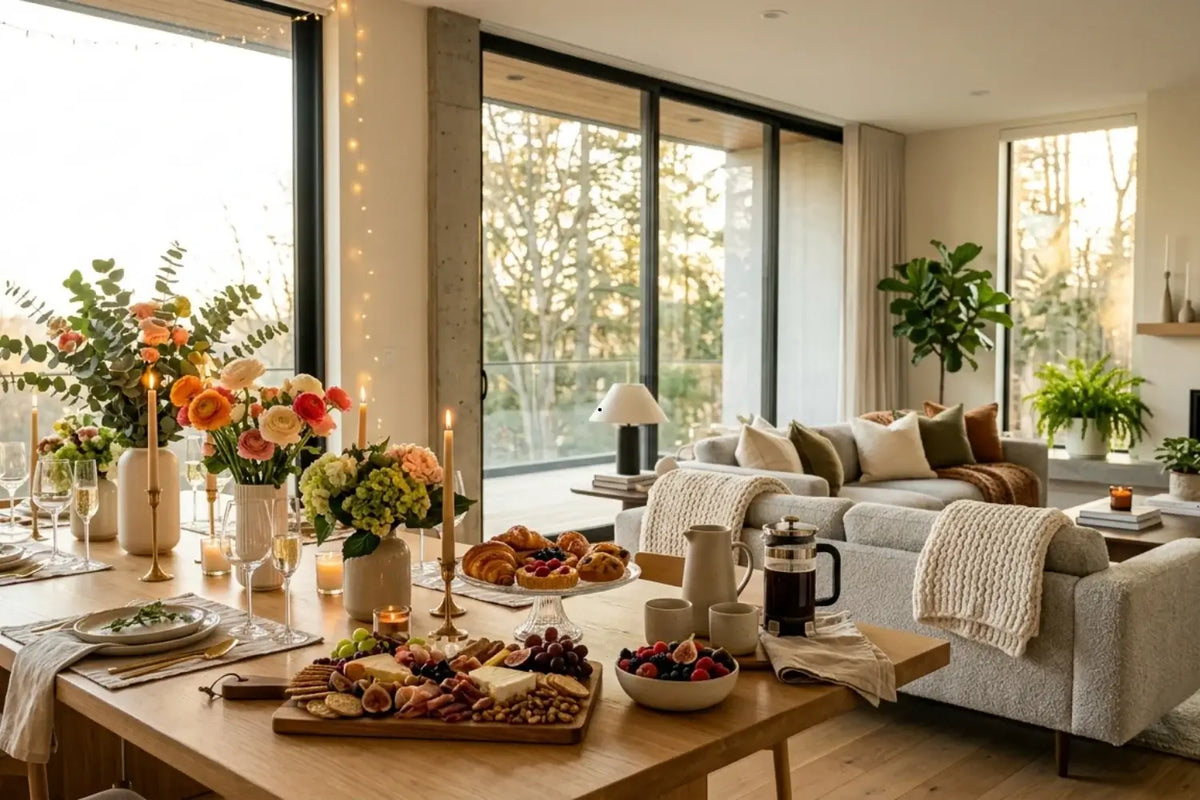 Modern home decorated for a housewarming party with an elegant dining table, cozy living room, candles, flowers, and entertaining setup.