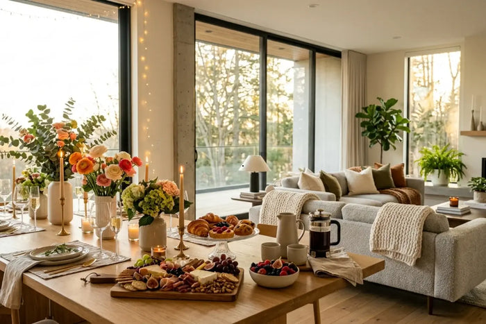 Modern home decorated for a housewarming party with an elegant dining table, cozy living room, candles, flowers, and entertaining setup.