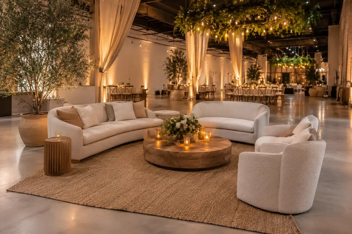 Elegant lounge furniture arranged in a large event venue with warm lighting, area rugs, and floral décor to create a welcoming atmosphere.