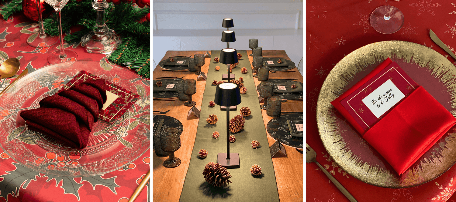 A festive table setting with pine cones, candles, red napkin on gold plate, and tree-shaped napkin on glass plate. Ideal for Christmas gatherings.
