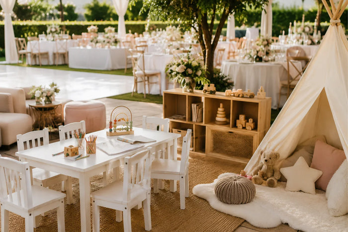 dedicated kids' area at an elegant wedding reception with child-sized furniture