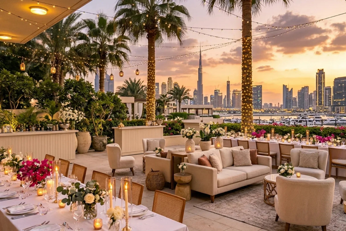 luxury outdoor event setup during sunset, elegant terrace or garden venue, warm golden hour lighting