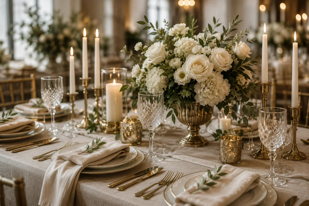 Elegant event tablescape with white flowers, candles, premium tableware, and crystal glassware.