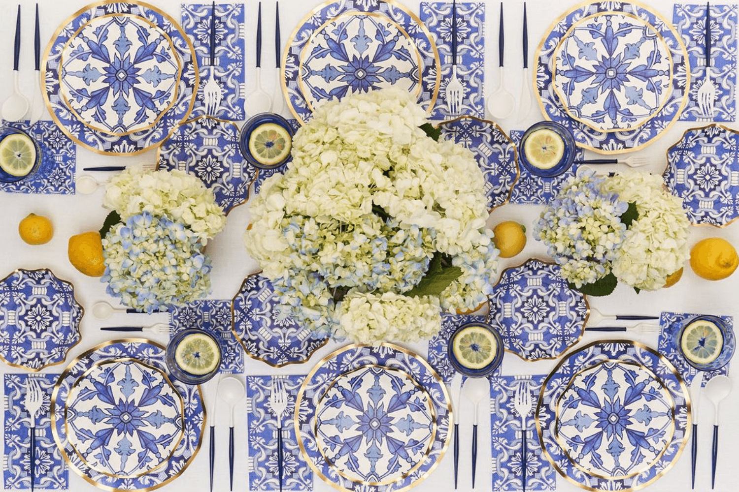 Moroccan Nights blue and white patterned premium disposable tableware for parties, events and celebrations