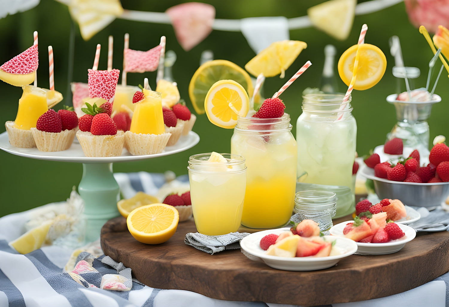 Elegant outdoor summer party setup featuring a rustic wooden table with neutral-toned linens, ceramic dinnerware, fabric napkins, and soft candle lighting in a garden setting.