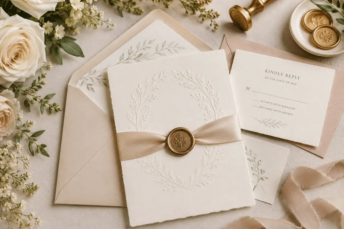 Elegant flat lay of printed invitation cards with matching envelopes, RSVP card, wax seal, satin ribbon, and soft floral accents arranged on a neutral background.