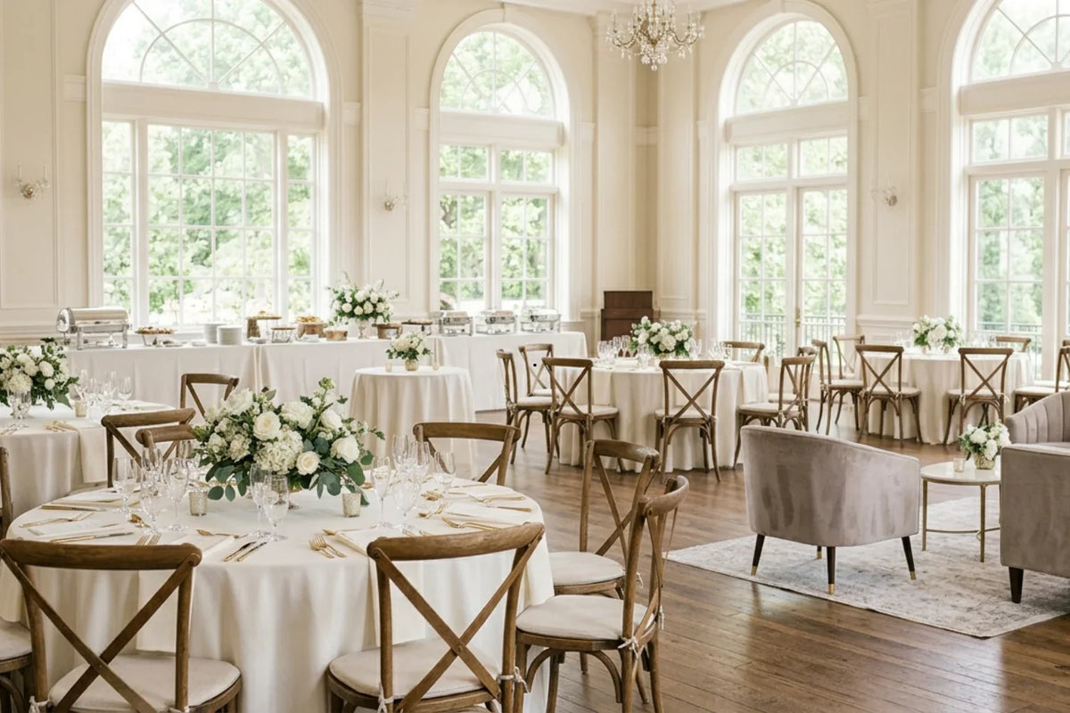 realistic luxury wedding venue during setup