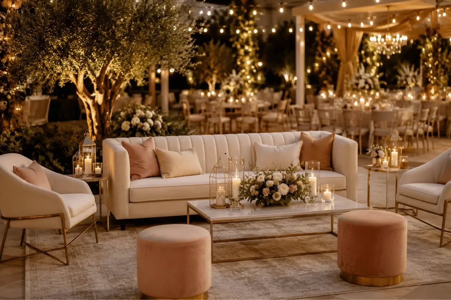 Elegant wedding lounge area with sofas, armchairs, coffee table, candles, and floral décor at an outdoor reception venue.