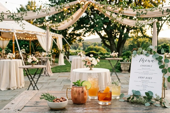 An elegant outdoor wedding cocktail hour setup on a stone patio featuring a wooden bar table with signature cocktails, including a Moscow mule and an old fashioned, alongside a floral-accented menu