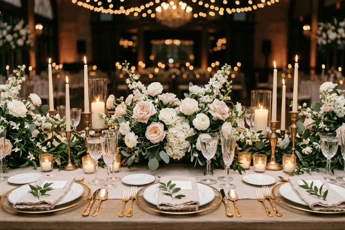 wedding reception tablescape styled with elegant floral centerpieces and glowing candles