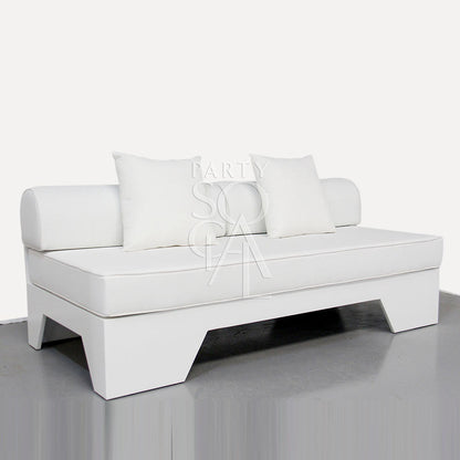 WHITE 3 SEATER LOUNGE: Modern white fabric couch with multiple pillows, ideal for lounge seating. Suitable for events and gatherings. Dimensions: 170cm L x 80cm W x 60cm H.