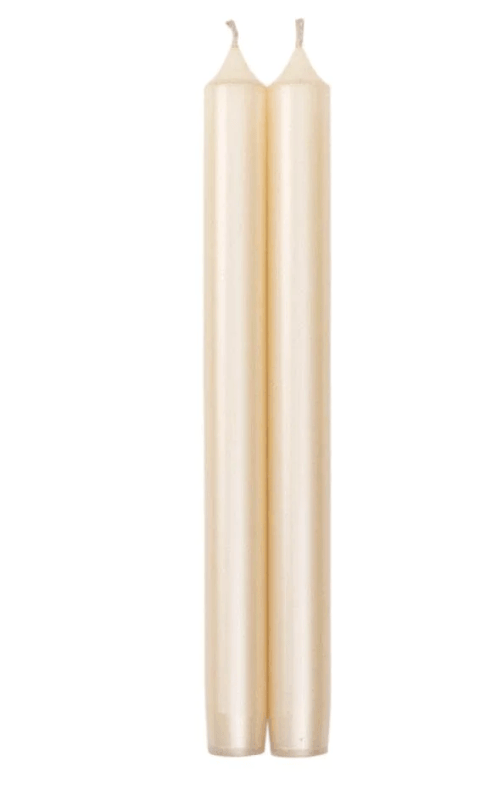 10 Duet Crown Candles - 2 Candles Per Duet, a close-up of a white pillar with a black and gold frame, perfect for adding warmth and charm to your table.