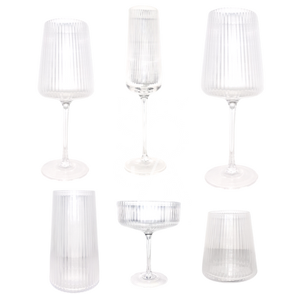 Clear Lined Glasses: A set of sleek, modern wine glasses with minimalist design, ideal for sophisticated events and gatherings from Party Social.