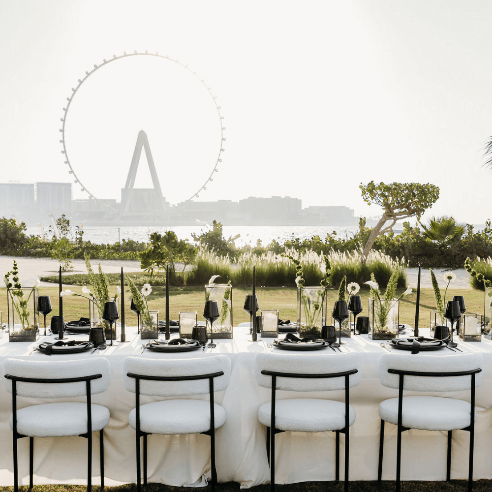 Monochromatic-Dining Setup: A table set for a dinner party with sleek black plates, elegant cutlery, and white chairs, perfect for hosting eight guests.