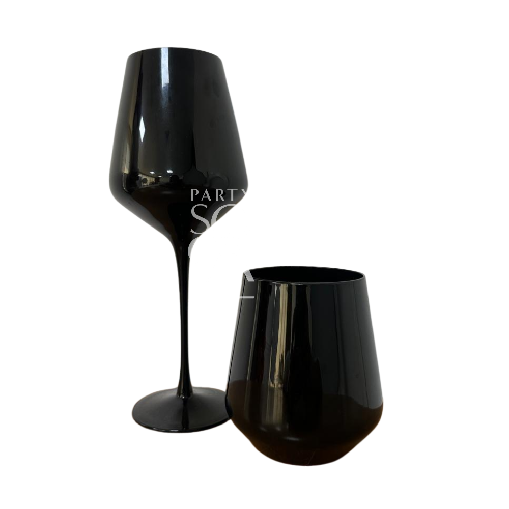 Monochromatic-Dining Setup featuring a black wine glass, part of Party Social&