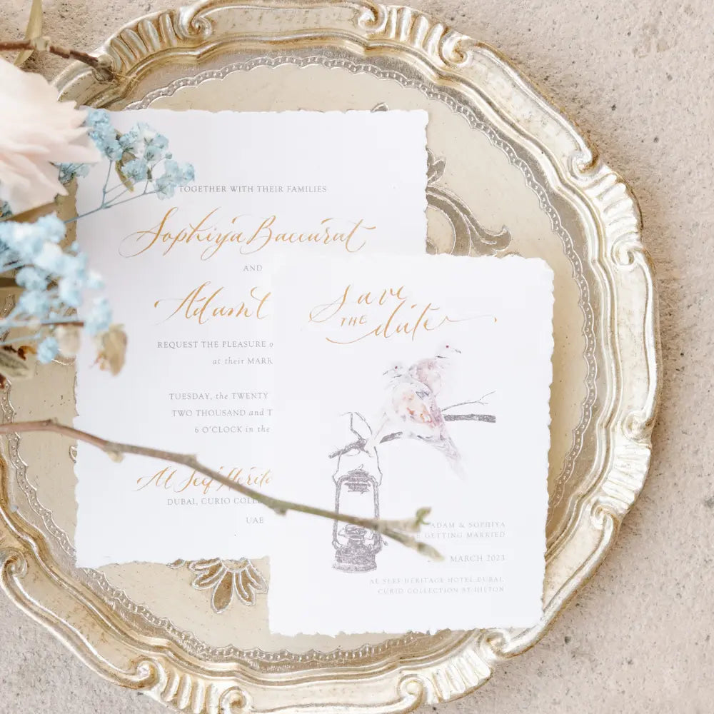 CHARGER PLATE - FLORENTINE ANTIQUE on ornate tray with wedding stationery, showcasing handcrafted, lightweight design ideal for elegant party setups.