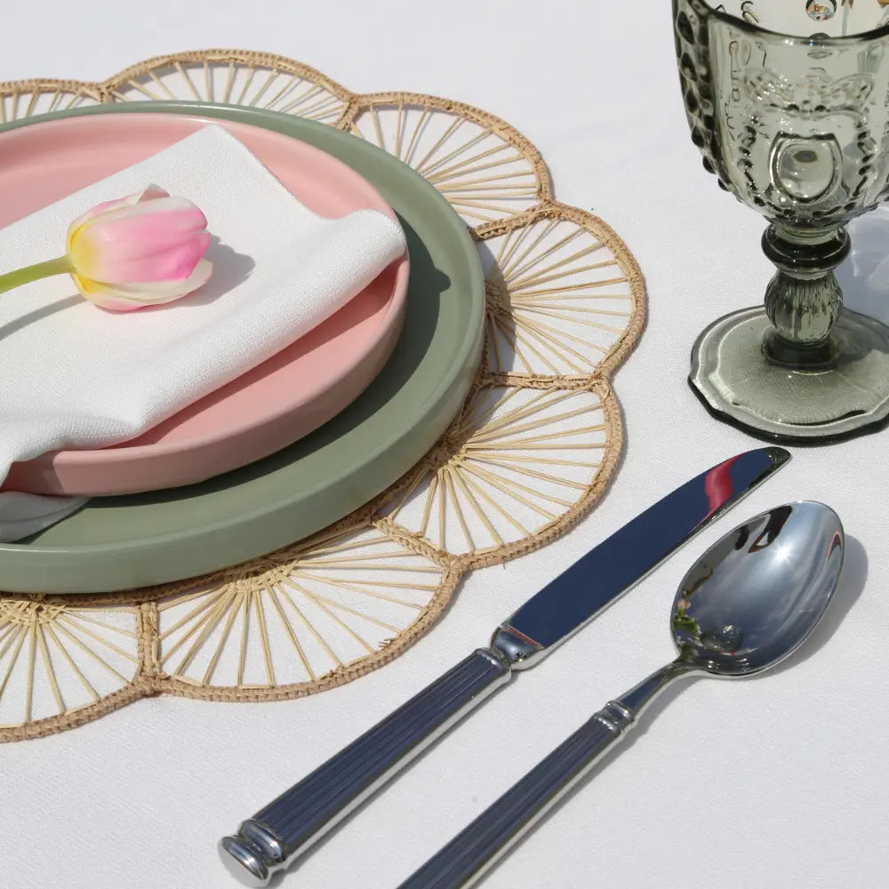 Cutlery Silver Lined set elegantly displayed with ceramic plates and tulip, showcasing a refined table setting, ideal for sophisticated events by Party Social.
