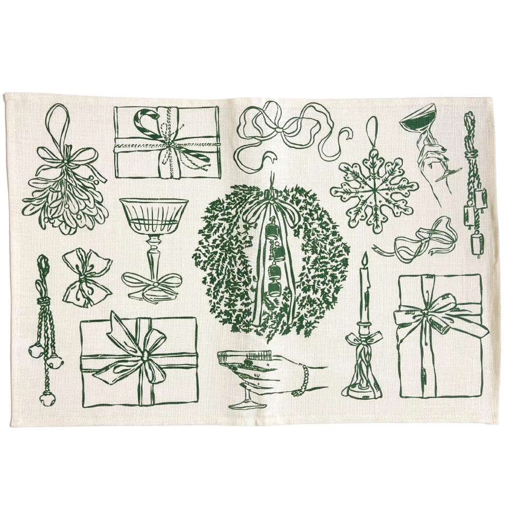 Holiday Icon Linen Placemat featuring vintage-style Christmas doodles: gift boxes, mistletoe, wreath, snowflake, candle, bell charms, and glasses. Ideal for festive table settings.