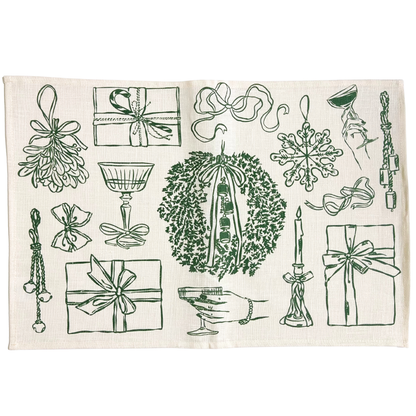 Holiday Icon Linen Placemat featuring vintage-style Christmas doodles: gift boxes, mistletoe, wreath, snowflake, candle, bell charms, and glasses. Ideal for festive table settings.