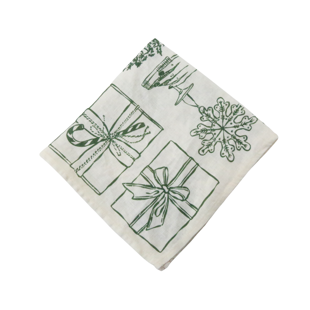 Holiday Icon Linen Napkin, featuring festive line-drawings of gift boxes and ornaments, perfect for enhancing your Christmas table setting. Comes in a pack of four.