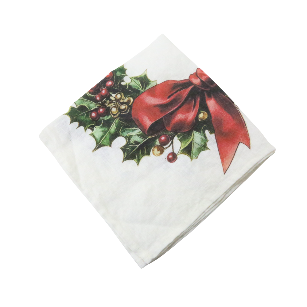 Evergreen Knot Linen Napkin, featuring festive holly and bells design, adds elegance to your Christmas table setting. Ideal for enhancing holiday warmth and charm.