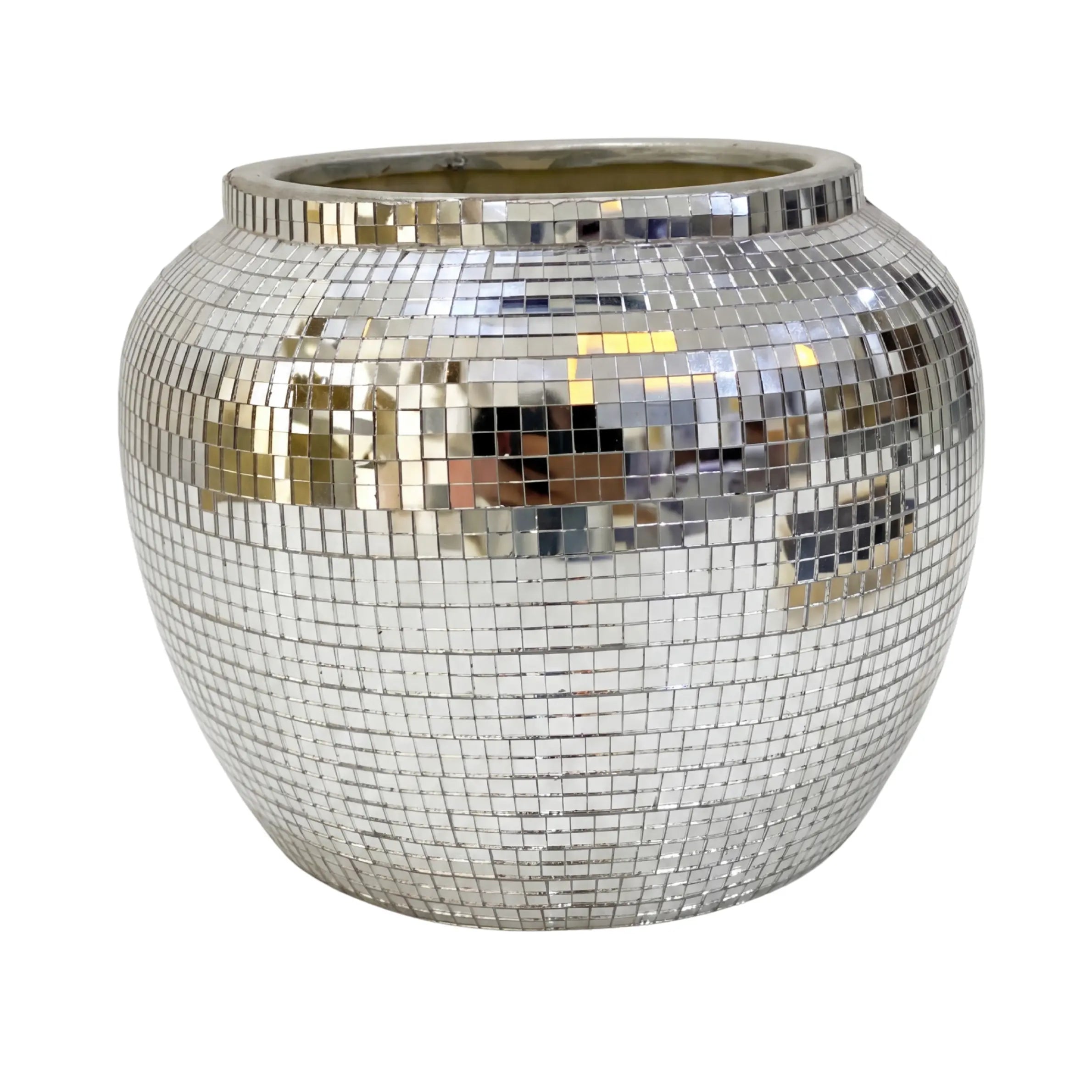 Silver disco ball planter on a white background