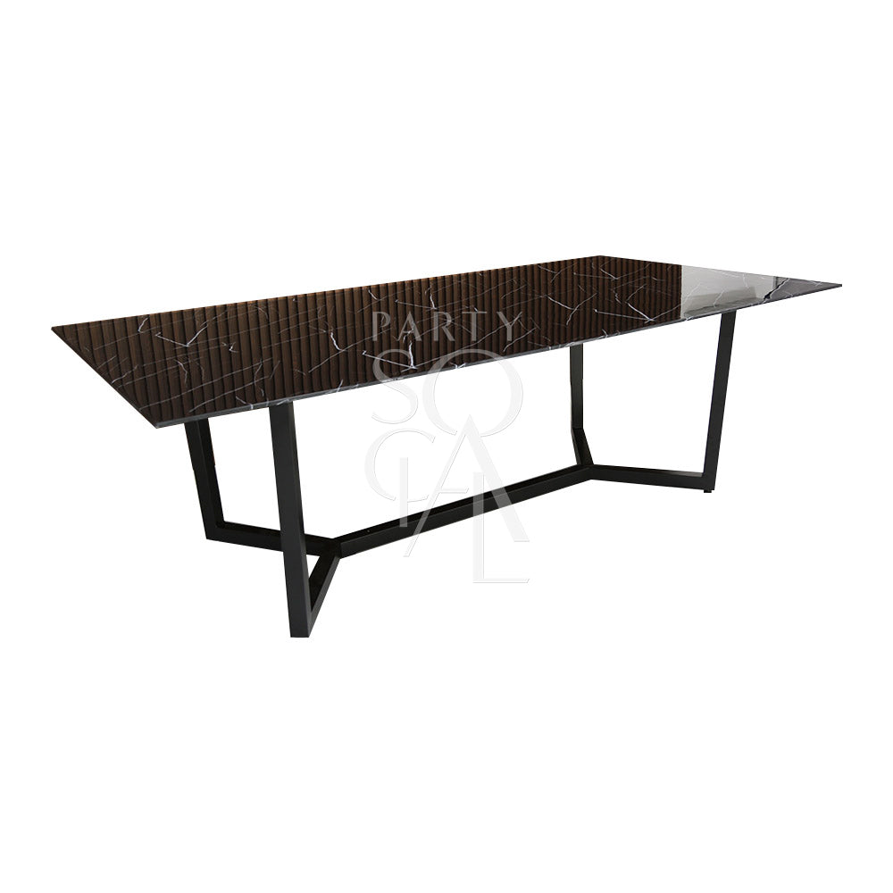 Black marble top table with sleek steel bases, ideal for corporate events and home functions, offered by Party Social for versatile event setups.