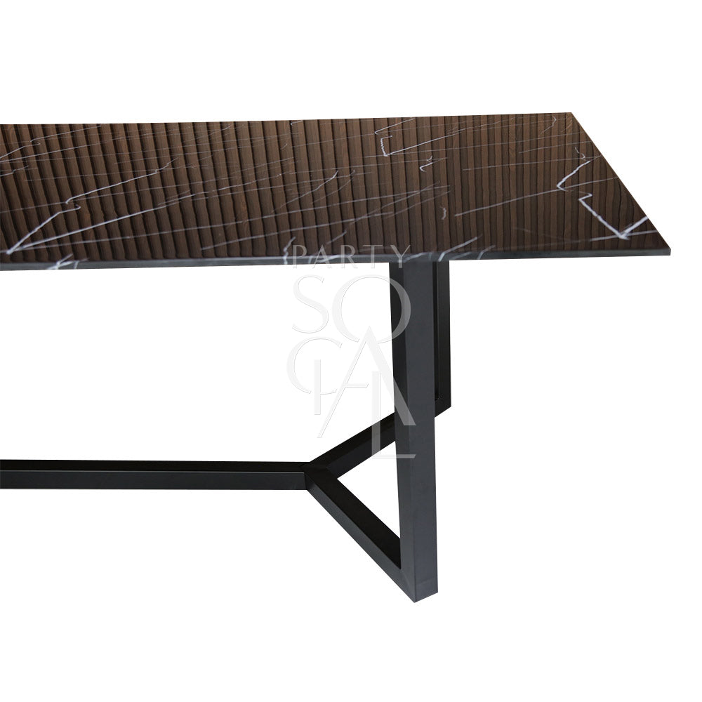 Black rectangular table with a marble top and steel base, ideal for corporate events and home functions, available from Party Social.