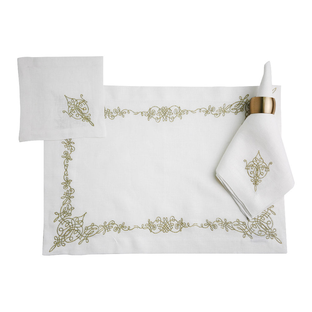 Oriental Pure Linen Placemat with Gold Embroidery - Elegant table setup accessory