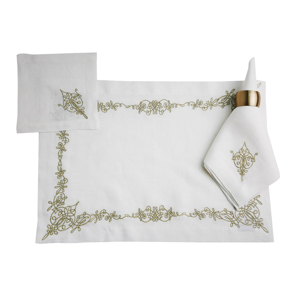 Oriental Pure Linen Dinner Napkin - 2 per pack, a white napkin with gold embroidery and a close-up of a gold band.