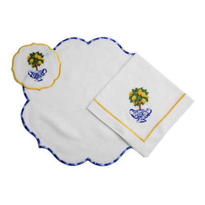 A Lemoncello Pure Linen Dinner Napkin with elegant embroidery.