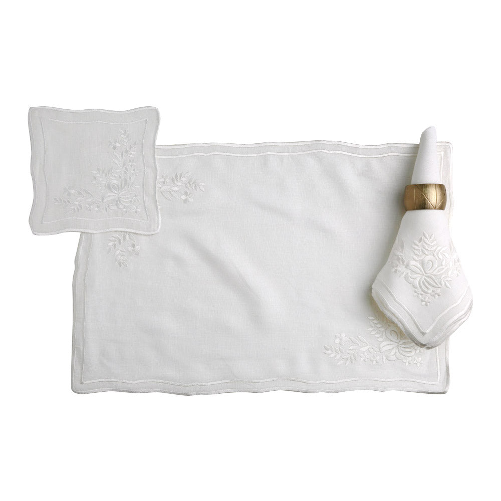 White Vintage Pure Linen Dinner Napkin with Gold Ring and Floral Design on White Tablecloth