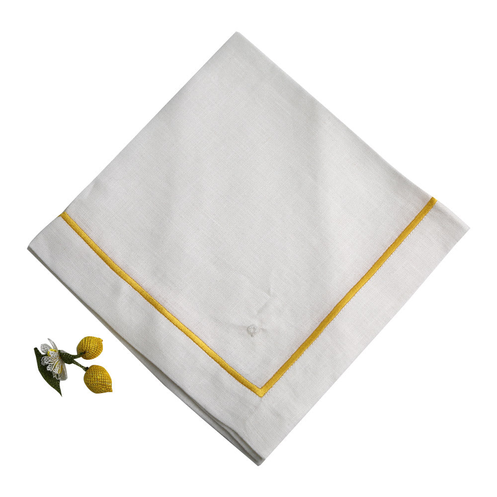 A white linen dinner napkin with a charming flower design, perfect for elegant table setups. 2 per pack.
