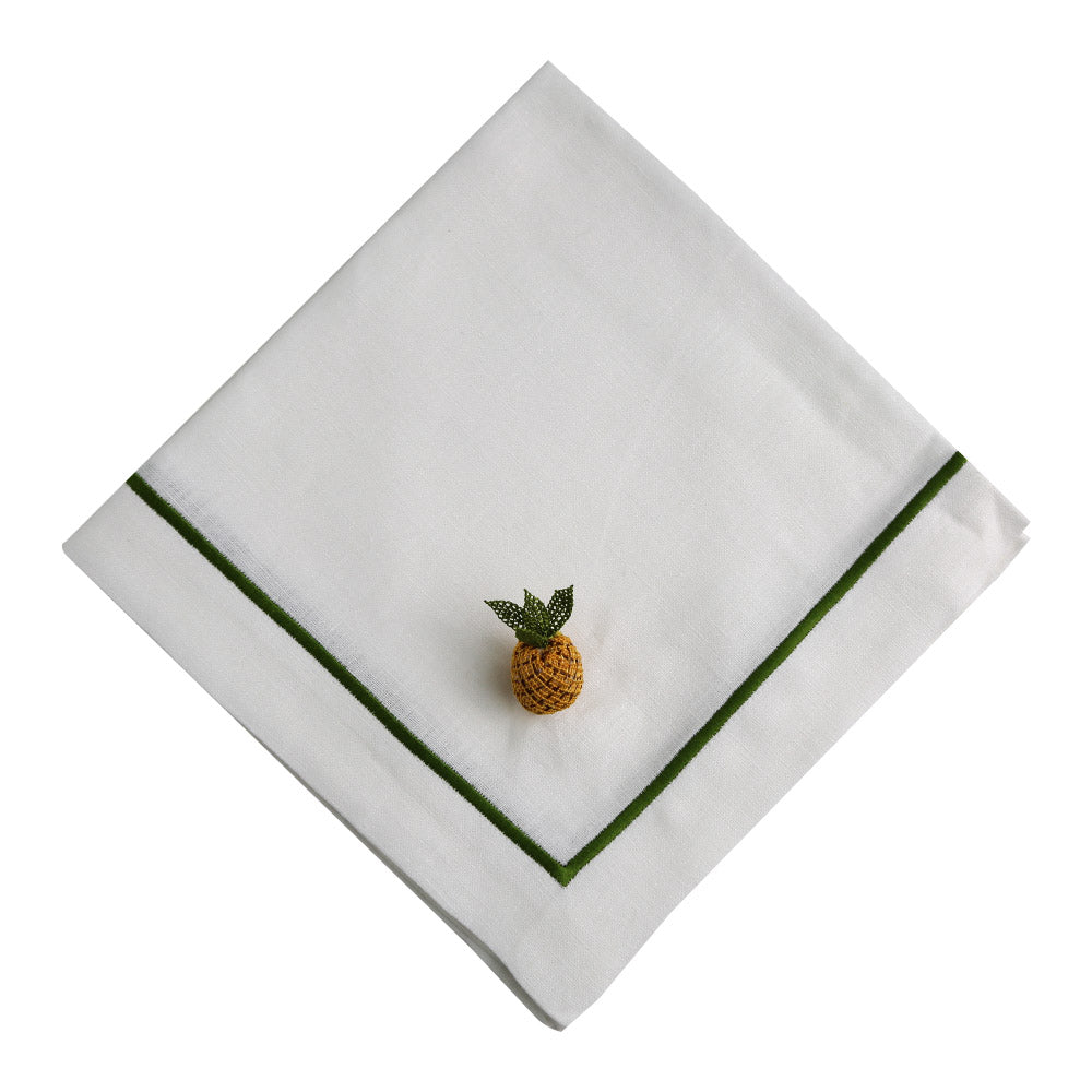 A white linen dinner napkin with a pineapple design, adding elegance to your table setup.