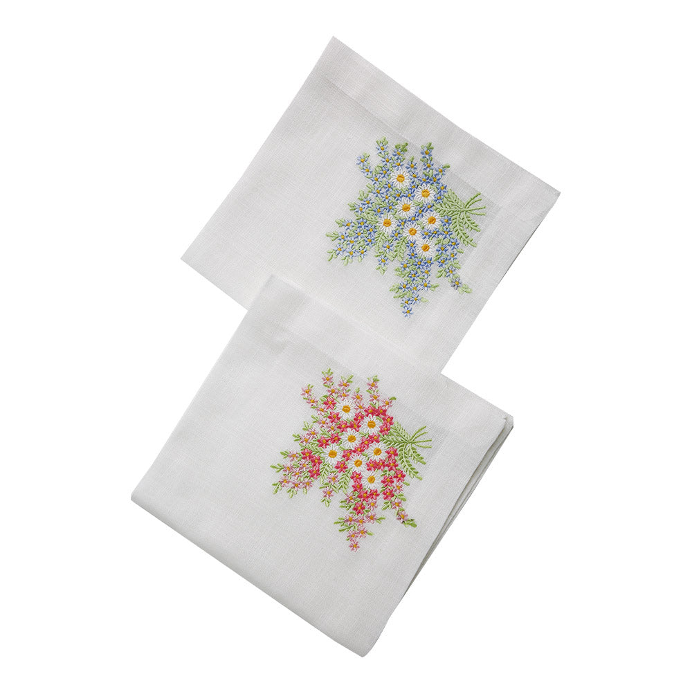 Daisy Pure Linen Dinner Napkins with Embroidered Flowers - Set of 2