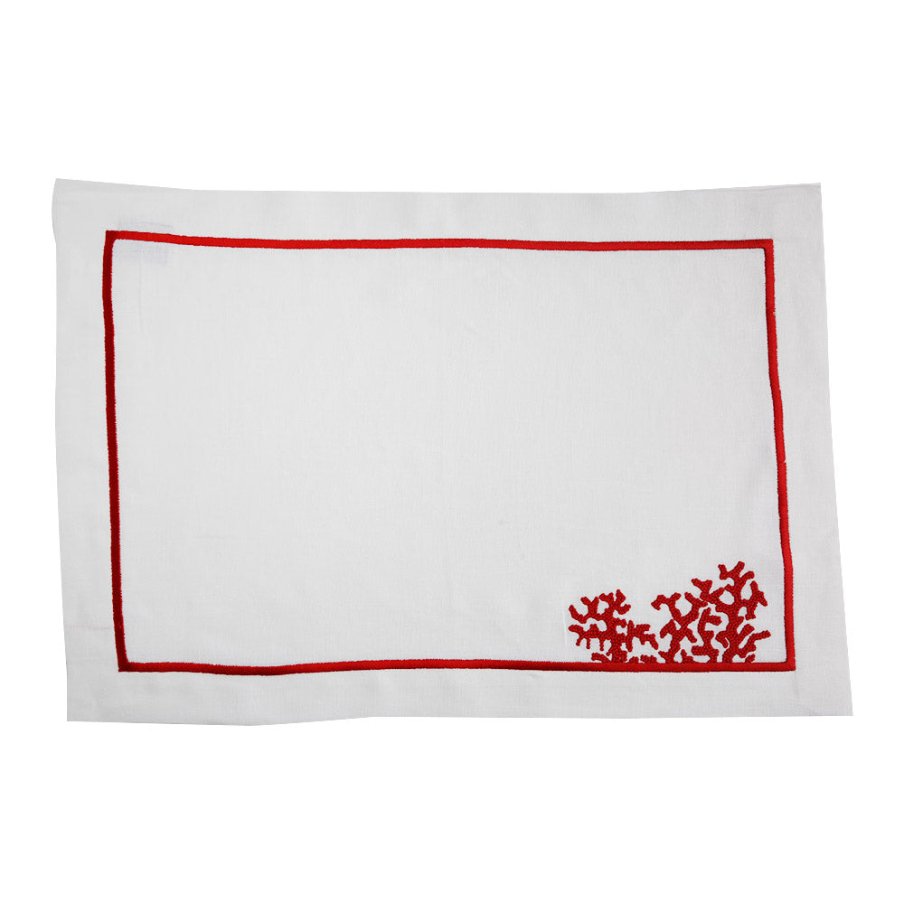 Red Coral Pure Linen Placemat with Embroidery, a stylish addition for elegant table setups.