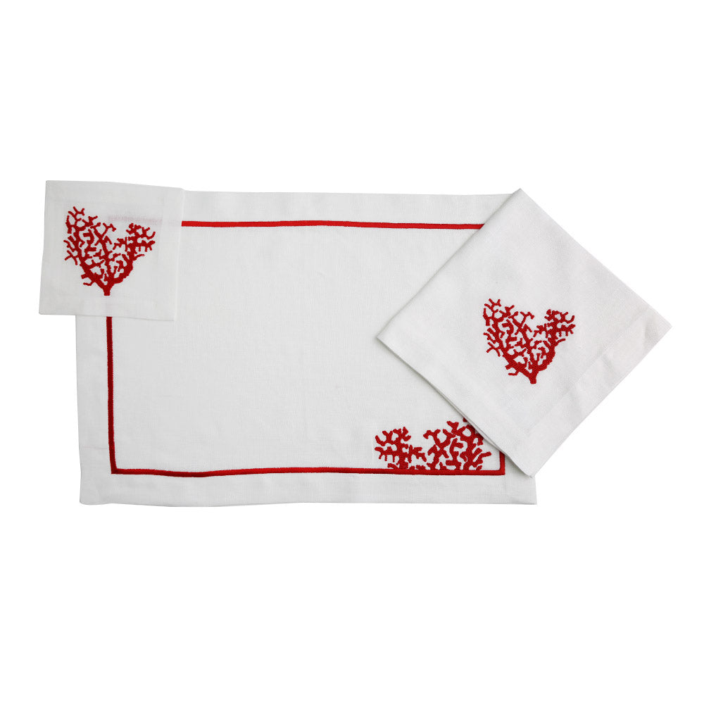 Red Coral Pure Linen Dinner Napkin - 2 per pack on white placemat with elegant embroidery