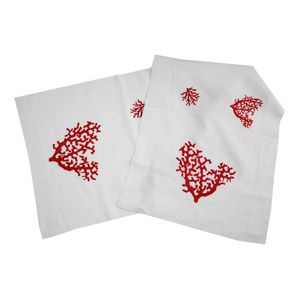 Red Coral Pure Linen Runner with elegant embroidery and stitch pattern. Perfect for special table setups.
