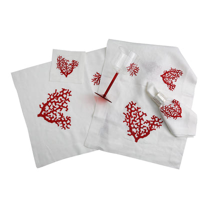 Red Coral Pure Linen Dinner Napkin with Embroidered Hearts and Wine Glass