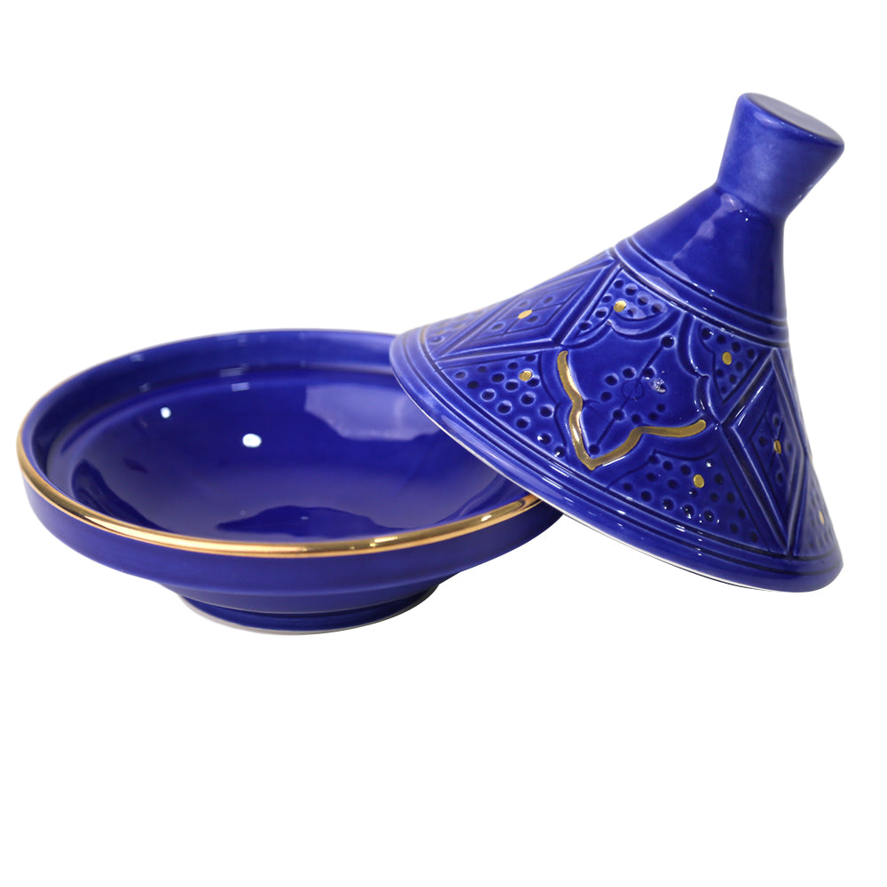 Marrakesh Small Tajine Ceramic Plate with open lid, perfect for serving culinary creations.
