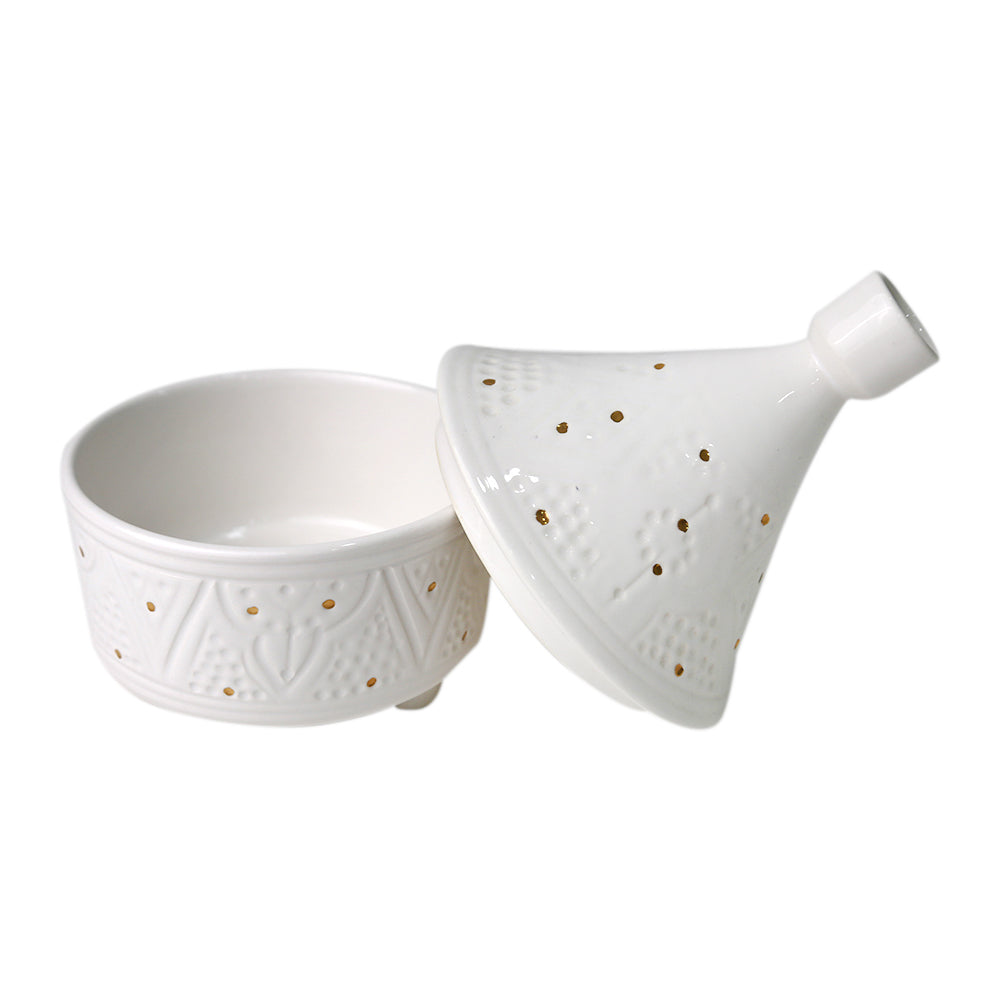 A versatile ceramic serving dish with an open lid, perfect for culinary creations - Marrakesh Medium Tajine Ceramic Bowl.