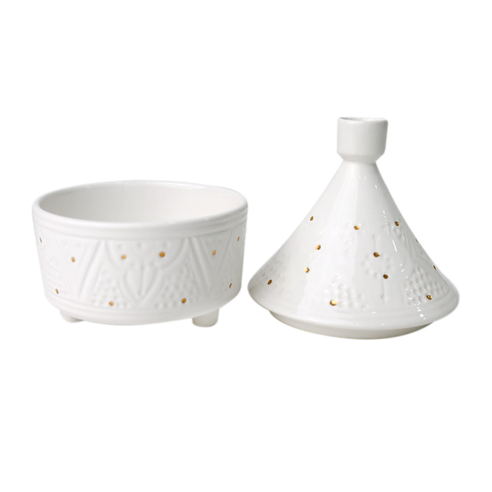 Marrakesh Medium Tajine Ceramic Bowl, a versatile and elegant serving dish with a cone-shaped lid and gold dot design.