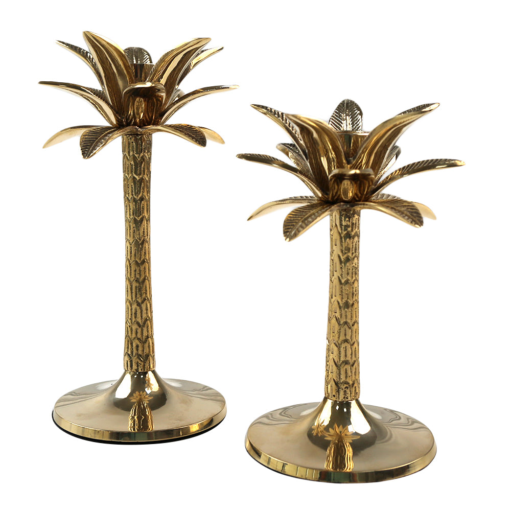 Brass Palm Tree Candle Holder, 1 Each: Gold palm tree sculpture with metal leaves, perfect for enhancing dining experiences.