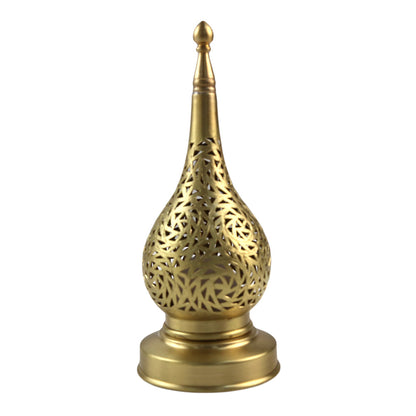 Brass Table Lamp with a pointy top, designed for candle placement, ideal for elegant event settings.