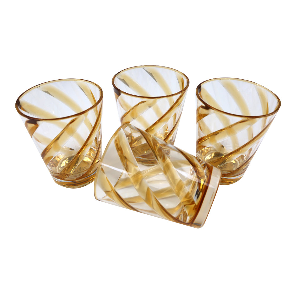 Spiral Colored Acrylic Glass - 4 per box, a group of modern glasses with swirl patterns, close-up details included.