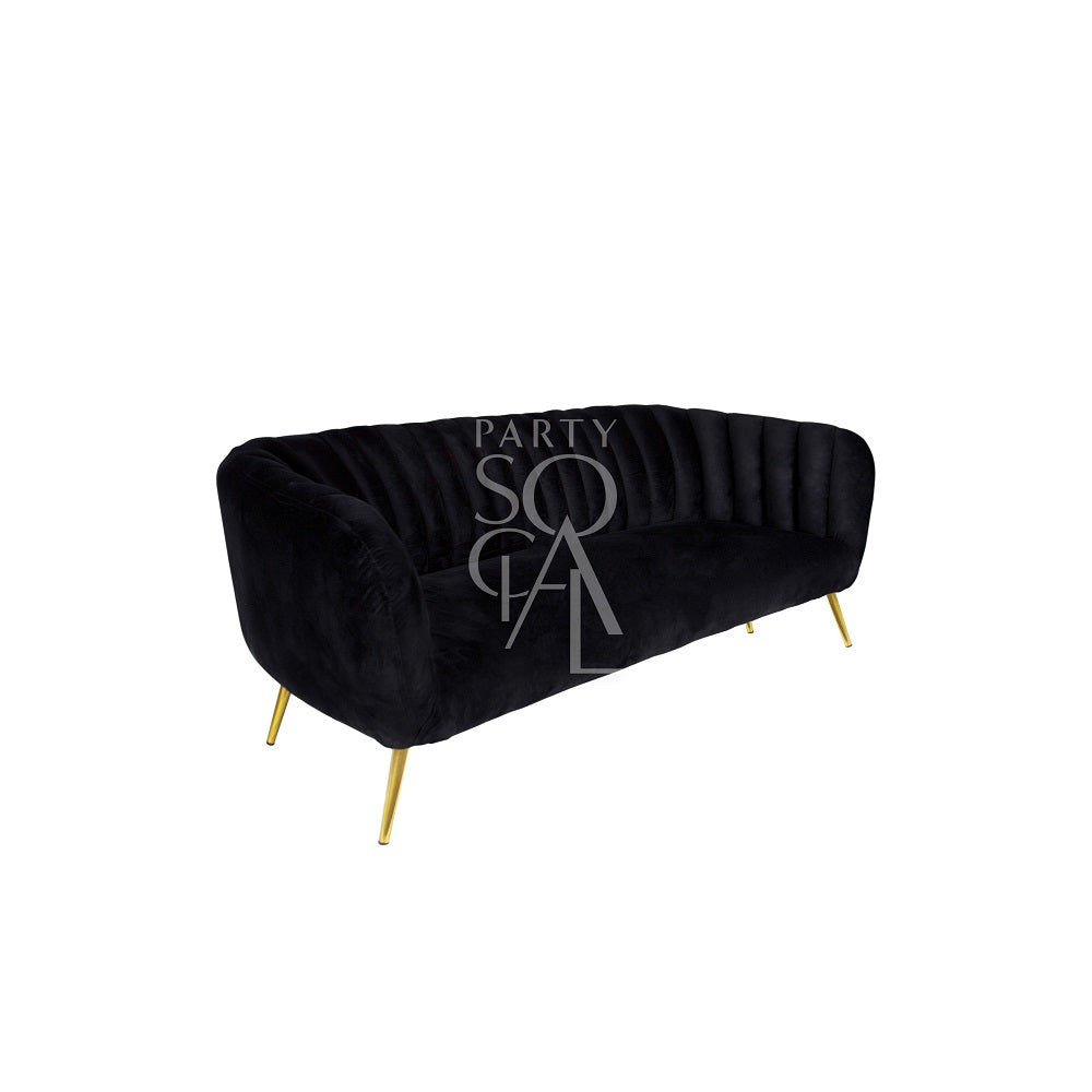 BLACK VELVET 3-SEATER with gold-finish legs, modern velvet couch ideal for lounge seating, offered by Party Social for event rentals and sales.