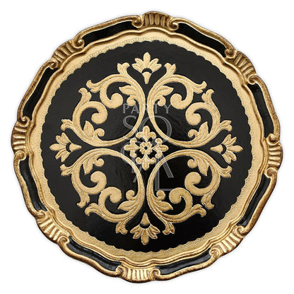 CHARGER PLATE - FLORENTINE ANTIQUE: A handcrafted, lightweight black and gold plate with intricate gold designs, perfect for elegant table setups at events.